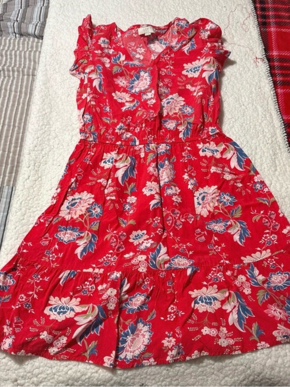 LOFT Red Floral Button-Front Tiered Mini Dress